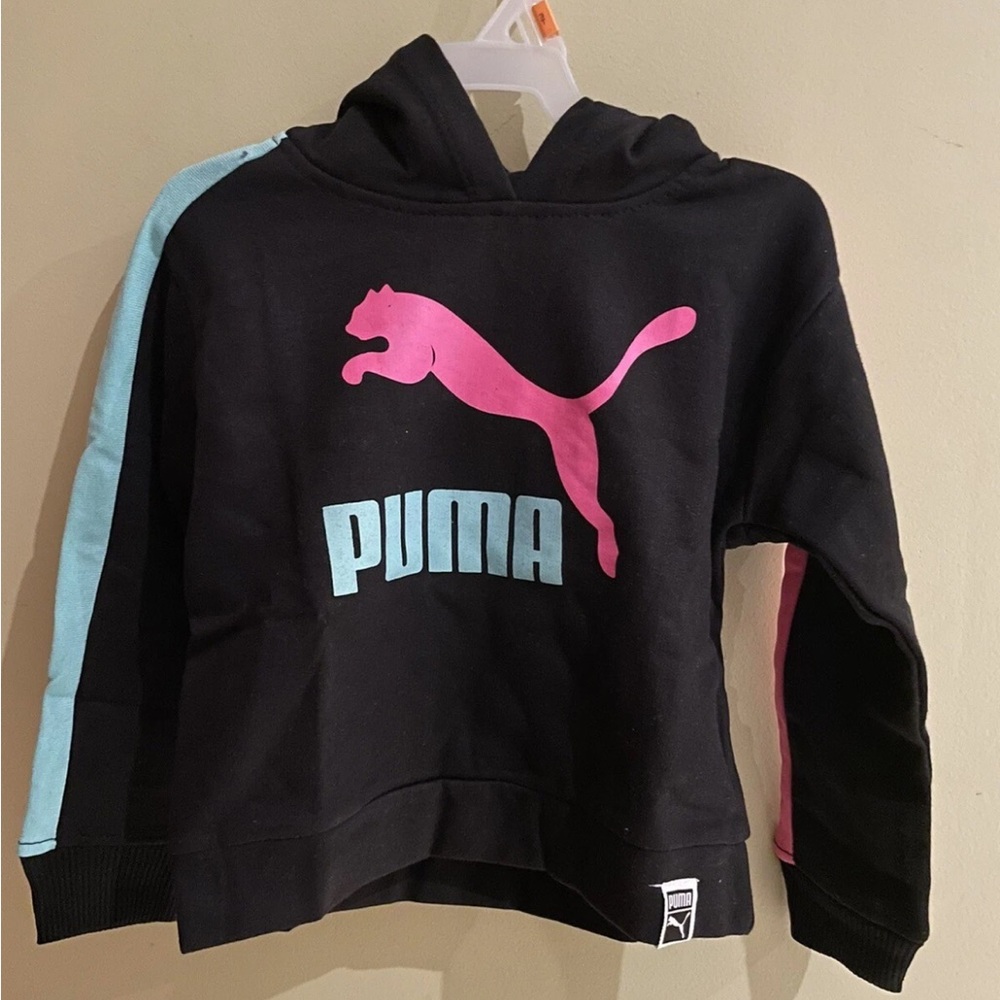 Puma Kids Black Hoodie with Pink Logo and Blue Stripes
